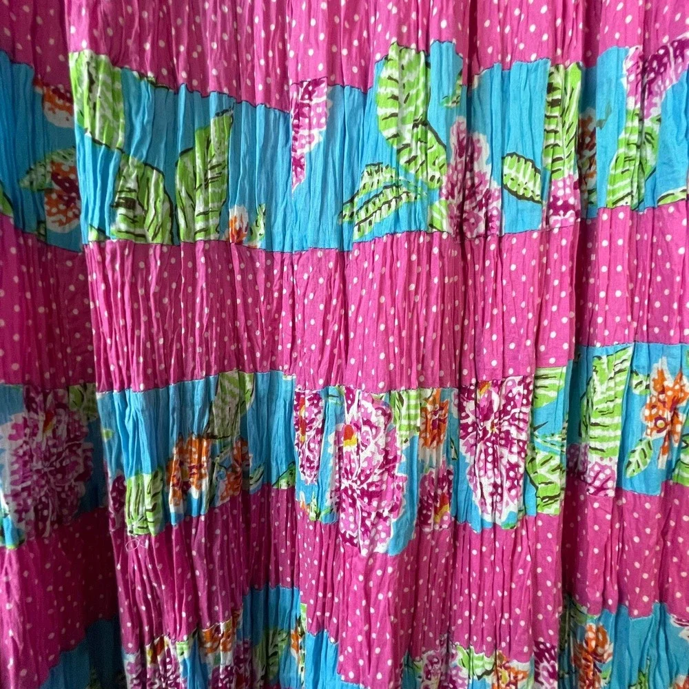 Phool Maxi Skirt Womens Large Pink Blue Floral Polka Dot Boho‎ Tiered Vintage